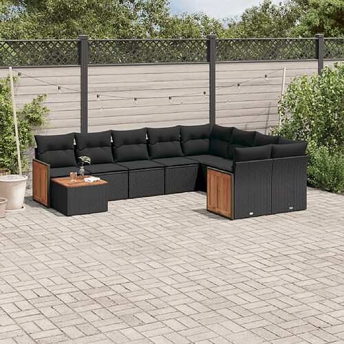 vidaXL Salon de jardin 10 pcs avec coussins noir résine tressée