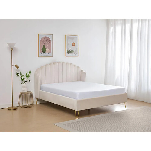 Vente-Unique Lit 140 x 190 cm avec tête de lit ondulée - Velours - Beige + Matelas - SAGALI