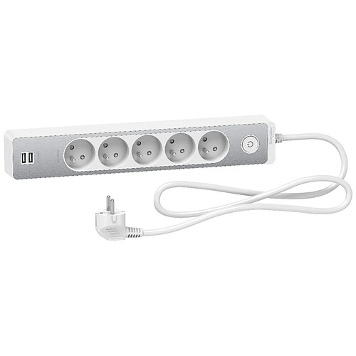 Schneider Electric Bloc multiprises 5 Prises 2P+T et 2 USB (câble 1,5m) Blanc et Aluminium - Schneider