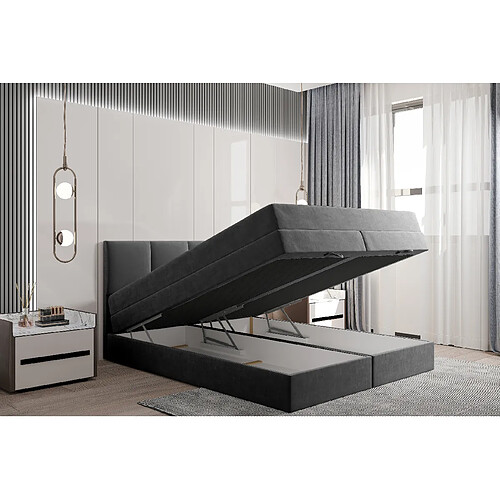 TRADA Lit adulte rembourré PRADO avec rangement et matelas ressorts ensachés 140x200 gris foncé