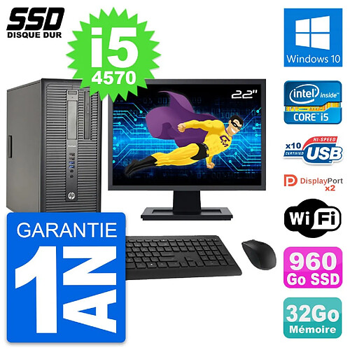 PC Tour HP ProDesk 600 G1 Ecran 22" i5-4570 RAM 32Go SSD 960Go Windows 10 Wifi · Occasion