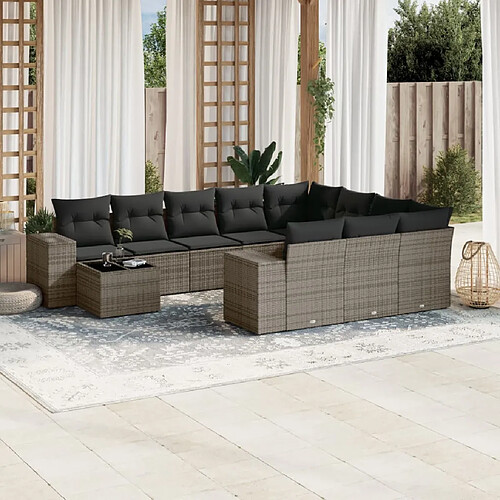 vidaXL Salon de jardin 11 pcs avec coussins gris résine tressée