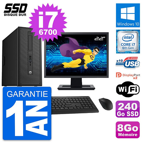 PC Tour HP EliteDesk 800 G2 Ecran 22" i7-6700 RAM 8Go SSD 240Go Windows 10 Wifi · Occasion