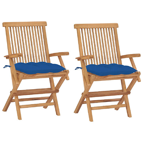 vidaXL Chaises de jardin avec coussins bleu lot de 2 Bois teck massif