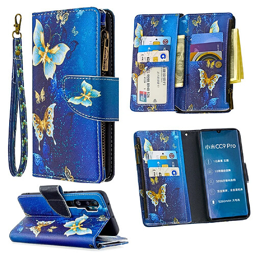 Etui en PU fermeture éclair à motifs avec support et plusieurs porte-cartes papillon bleu clair pour votre Xiaomi Mi CC9 Pro/Mi Note 10/Mi Note 10 Pro