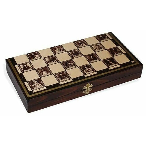 Magiera Wawel Petites pièces d'échecs en bois Plus Figurines et planche peinte pliable se transformant en un boîtier 35 x 35 cm, doublée de dessins royaux polonais