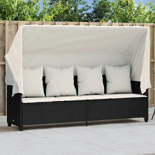 Maison Chic Chaise longue avec auvent et coussins | Bain de soleil Relax | Transat noir résine tressée -GKD59125