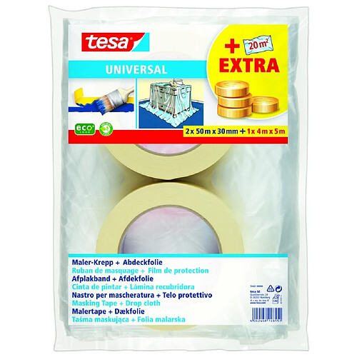 Lots de 2 rouleaux masquage Tesa 50mx30mm crème + 1 bâche