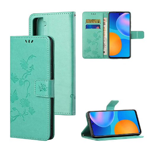 Etui en PU imprimer des fleurs de papillons avec support cyan pour votre Samsung Galaxy S21 Plus/S30 Plus