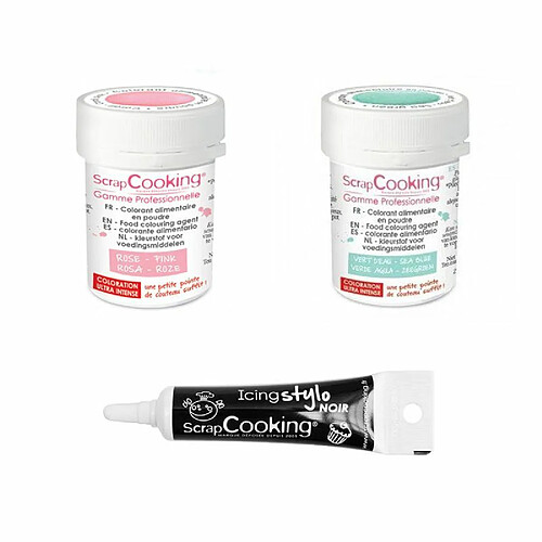 Scrapcooking 2 colorants alimentaires vert d'eau-rose poudré + Stylo glaçage noir