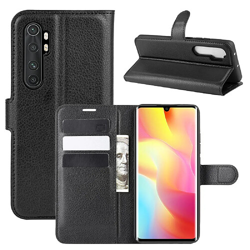 Etui en PU peau de litchi magnétique avec support noir pour votre Xiaomi Mi Note 10 Lite