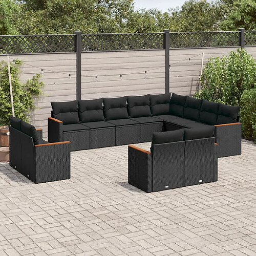 vidaXL Salon de jardin 12 pcs avec coussins noir résine tressée