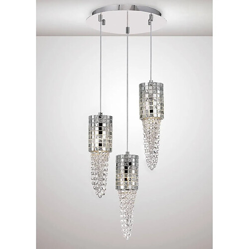 Luminaire Center Suspension Camden 3 Ampoules G9 rond chrome poli/verre Mosaique/cristal