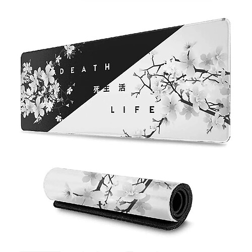 Universal Tampon de souris de jeu de cerisier japonais noir et blanc, grand tapis de bureau de tapis de souris, bords cousus de souris, long pad de souris à base de caoutchouc non glissée