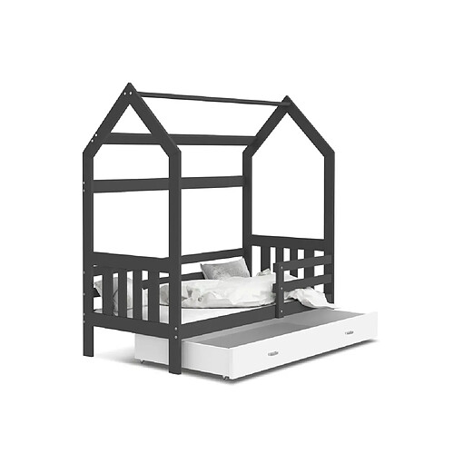 Kids Literie Lit Cabane 2 80x160 Gris - blanc Livré avec sommiers, tiroir et matelas en mousse de 7cm