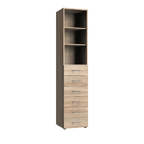 Pegane Armoire, meuble de rangement avec 2 étagères et 6 tiroirs coloris Imitation chêne -longueur 40 x hauteur 185 x profondeur 40 cm