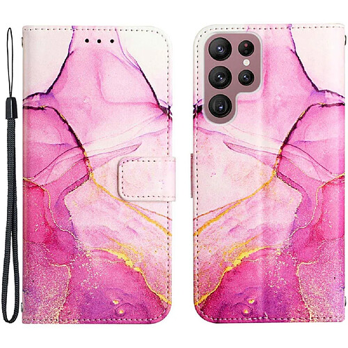 Etui en PU motif de marbre avec support pour votre Samsung Galaxy S23 Ultra - Rose/violet/or ls001