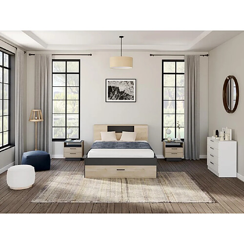 Vente-Unique Lit avec tête de lit rangements et tiroirs - 160 x 200 cm - Coloris : Naturel et anthracite + Chevets - LEANDRE