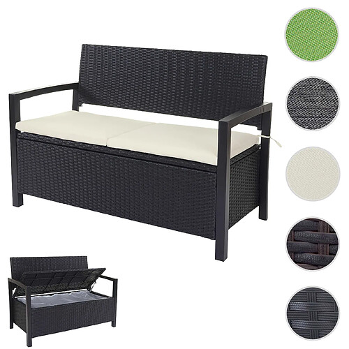 Mendler Banc de jardin en polyrotin HWC-A12, banquette avec compartiment de rangement ~ anthracite, coussins crème