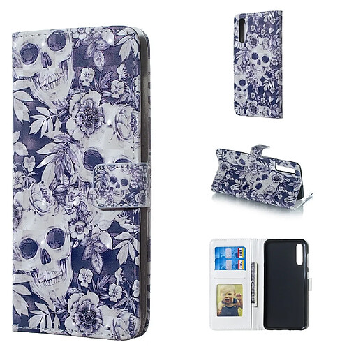 Wewoo Housse Coque Étui en cuir à rabat horizontal 3D avec Motif crâne et de fleurs pour Galaxy A50avec support et logements cartescadre photo et portefeuille