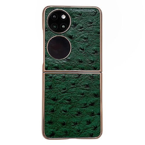 Coque en TPU + cuir véritable électroplaqué, texture autruche, anti-rayures pour votre Huawei P50 Pocket - vert