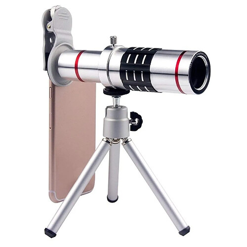 Wewoo Objectif téléobjectif universel avec zoom 18X avec monture de trépied et clip de téléphone portable, pour iPhone, Galaxy, Huawei, Xiaomi, LG, HTC et autres téléphones intelligents (Argent)