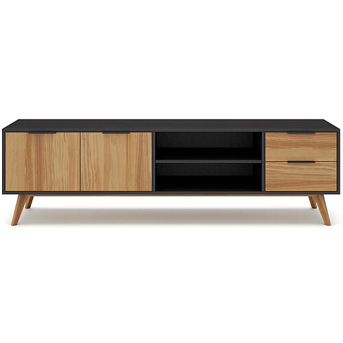 Pegane Meuble TV en pin massif décor ciré naturel et noir, meuble de rangement - Longueur 180 x Profondeur 40 x Hauteur 52 cm