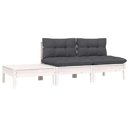 Maison Chic Salon de jardin 3 pcs + coussins - Mobilier/Meubles de jardin - Table et chaises d'extérieur Blanc Bois de pin massif -MN60421