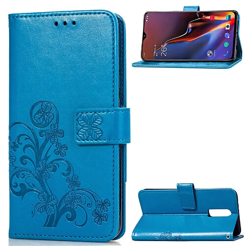 Wewoo Coque Étui en cuir à motif de fleurs pressées Lucky Clover pour OnePlus 6T, avec support et logements pour cartes, portefeuille dragonne (bleu)