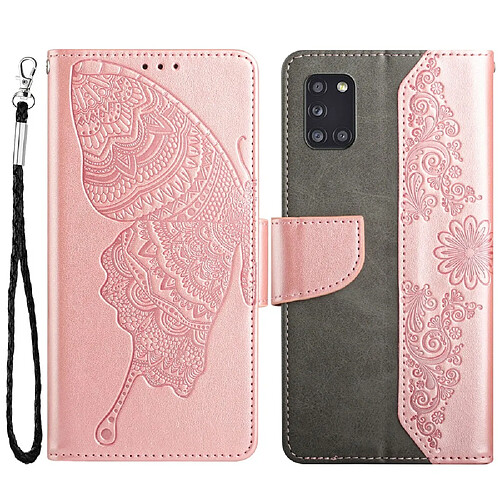 Coque en TPU anti-rayures, antichoc, motif papillon et fleur avec support or rose pour votre Samsung Galaxy Galaxy A31