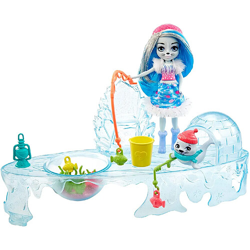 Enchantimals coffret Jour de Pêche, mini-poupée Sashay Phoque, figurine animale Blubber, cannes à pêche et accessoires, jouet pour enfant, GJX48