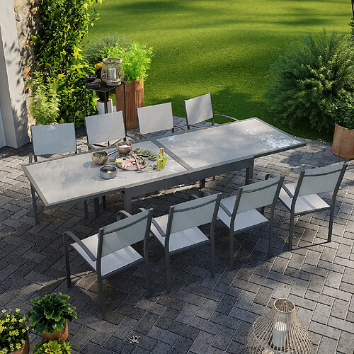 Avril Paris Table de jardin extensible aluminium 270cm + 8 fauteuils empilables textilène anthracite gris - LIO 8