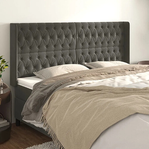 Maison Chic Tête de lit scandinave avec oreilles,meuble de chambre Gris foncé 203x16x118/128 cm Velours -MN13244