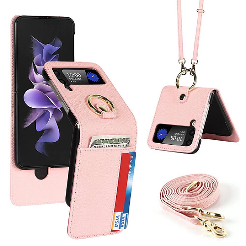 Etui en PU + TPU texture croisée avec dragonne, béquille, emplacement pour cartes et bandoulière pour votre Samsung Galaxy Z Flip4 5G - or rose