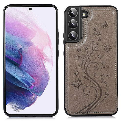 Coque en TPU + PU motif fleur, deux boutons magnétiques avec béquille et porte-cartes gris pour votre Samsung Galaxy S22 5G