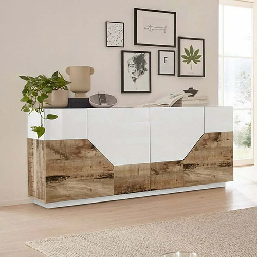 Ahd Amazing Home Design Buffet bois blanc 4 compartiments 200x43cm salon meuble cuisine Hariett Wood