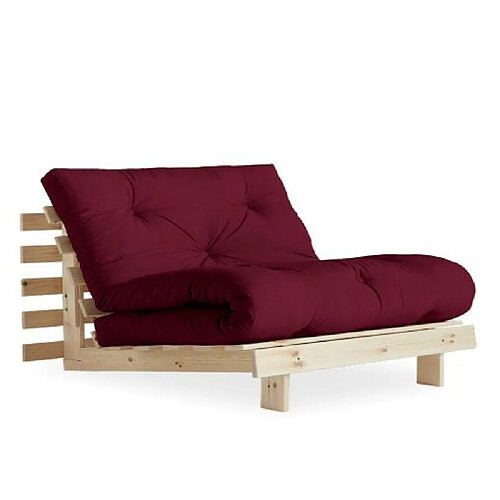 Inside 75 Fauteuil convertible futon ROOTS pin naturel coloris bordeaux couchage 90 x 200 cm.