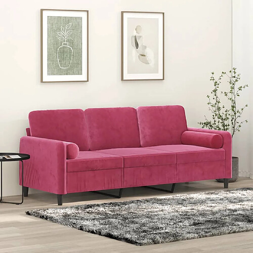 vidaXL Canapé 3 places avec oreillers bordeaux 180 cm velours