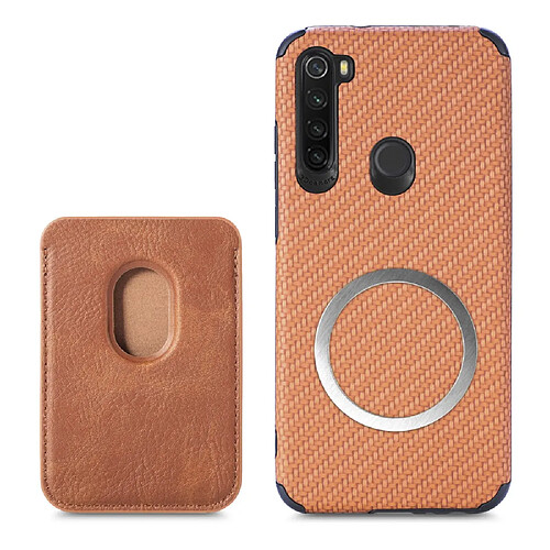 Coque en TPU + PU texture en fibre de carbone, anti-rayures, absorption magnétique avec porte-carte marron pour votre Xiaomi Redmi Note 8T