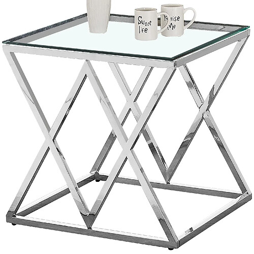 Vivenla Table d'appoint design en acier inoxydable poli argenté et plateau en verre trempé transparent L. 55 x P. 55 x H. 55 cm collection ROMA