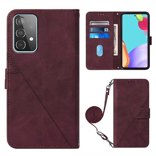 Etui en PU motif lignes, fermoir magnétique avec support et bandoulière rouge vin pour votre Samsung Galaxy A52 4G/5G/A52s 5G