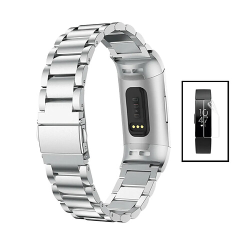 PHONECARE Kit Bracelet Acier Stainless Lux + Outil + Film de Gel Full Cover pour Fitbit Ace 2 - Gris / Transparent