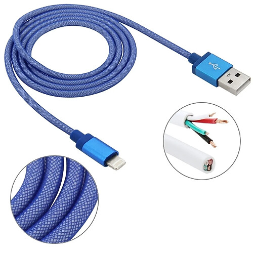 Wewoo Câble bleu pour iPhone X / 8 & 8 Plus / 7 & 7 Plus / 6 & 6s & 6 Plus & 6s Plus / iPad 1m Net Style Haute Qualité Métal Tête Lightning à USB Données / Chargeur Câble,