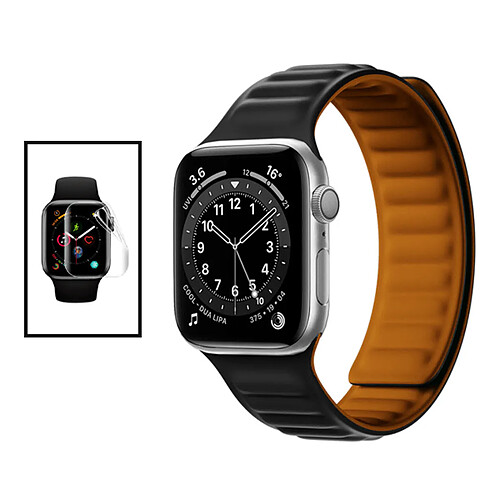 PHONECARE Kit Bracelet Magnetic SmoothSilicone + Film de Hydrogel pour Apple Watch Series 8 Aluminum - 41mm - Noir Orange