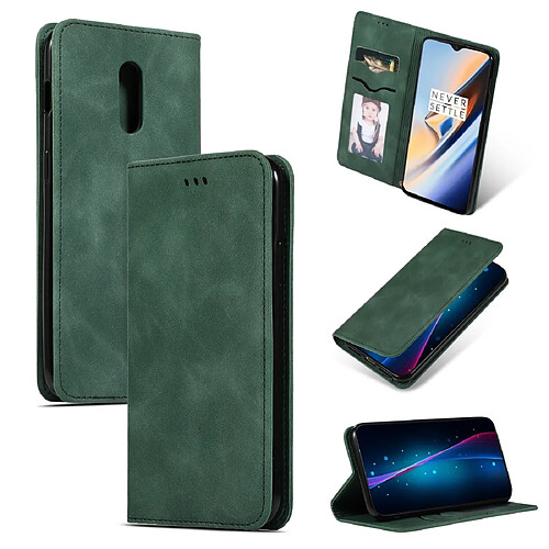 Wewoo Housse Coque Etui en cuir avec rabat horizontal magnétique Business Skin Feel pour OnePlus 6T Vert armée