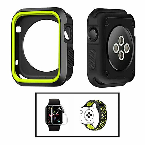 PHONECARE Kit Coque Military DoubleColor + Bracelet Bicolore SportStyle + Film de Hydrogel pour Apple Watch Series 5 - 44mm - Noir / Vert fluorescent