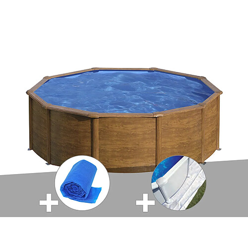 Kit piscine acier aspect bois Gré Sicilia ronde 4,80 x 1,22 m + Bâche à bulles + Tapis de sol