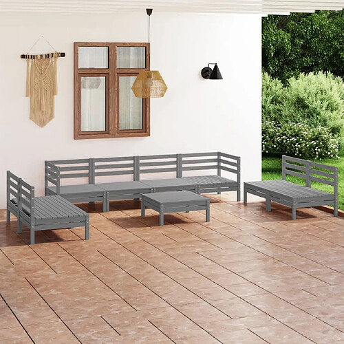 vidaXL Salon de jardin 9 pcs Gris Bois de pin massif