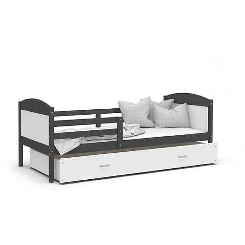 Kids Literie Lit Enfant Matis 90x190 ( Sans Matelas ) Gris - blanc Livré avec le sommiers et tiroir.