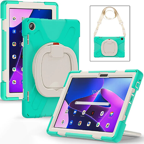 Coque en silicone anti-chute avec béquille rotative et bandoulière pour votre Lenovo Tab M10 (Gen 3) TB-328FU/TB-328XU - menthe verte